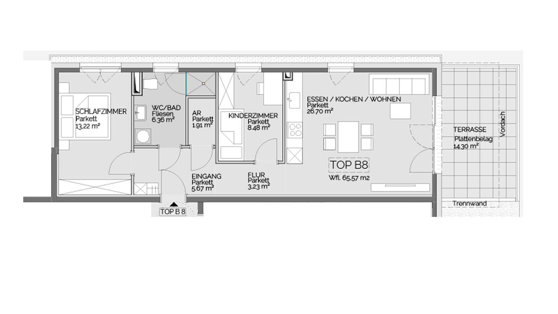 Grundriss einer modernen Wohnung mit offener Wohnküche, zwei Bädern und Terrasse.