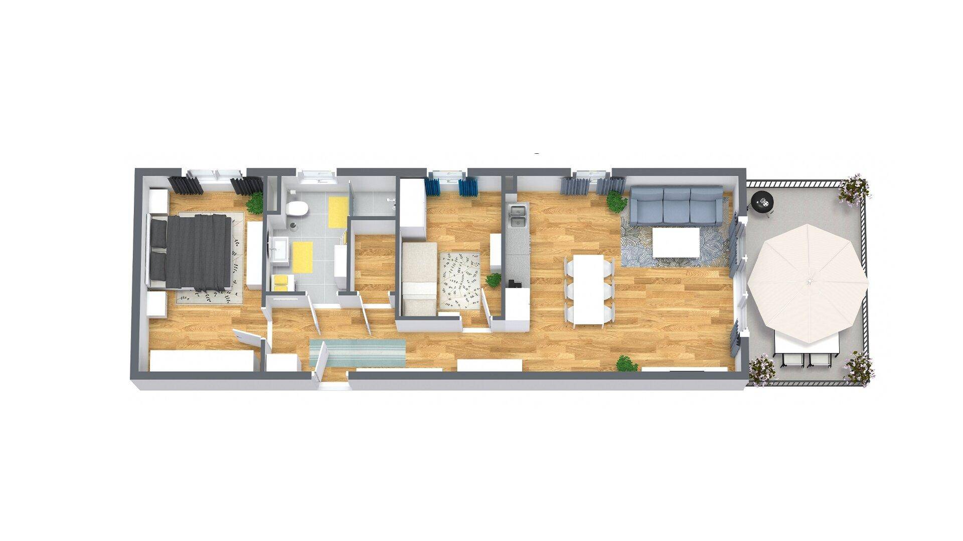 Möblierte 3D-Grundrissvisualisierung einer Wohnung mit offener Wohnküche und großer Terrasse.