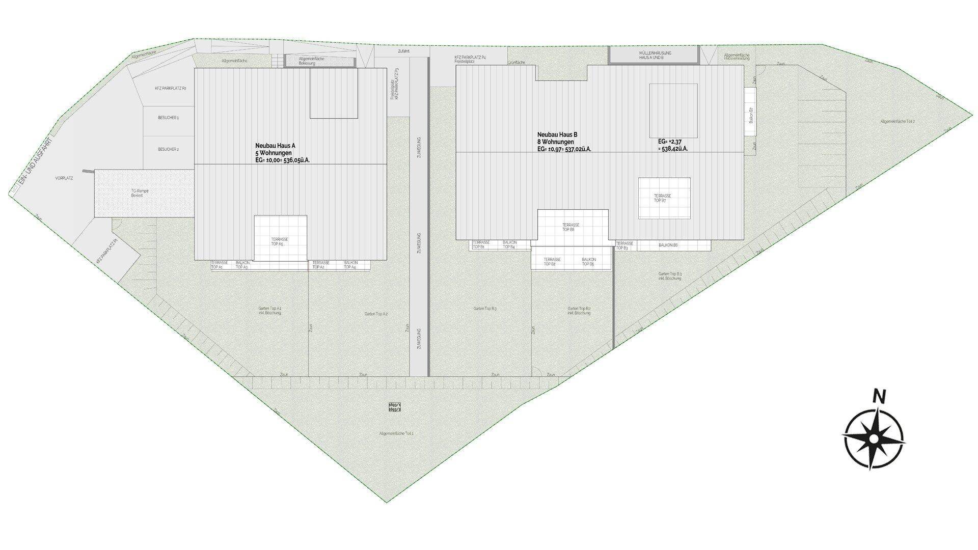 Übersichtsplan der beiden Neubauten mit Grundstücksgrenzen, Parkplätzen und Gartenbereichen.