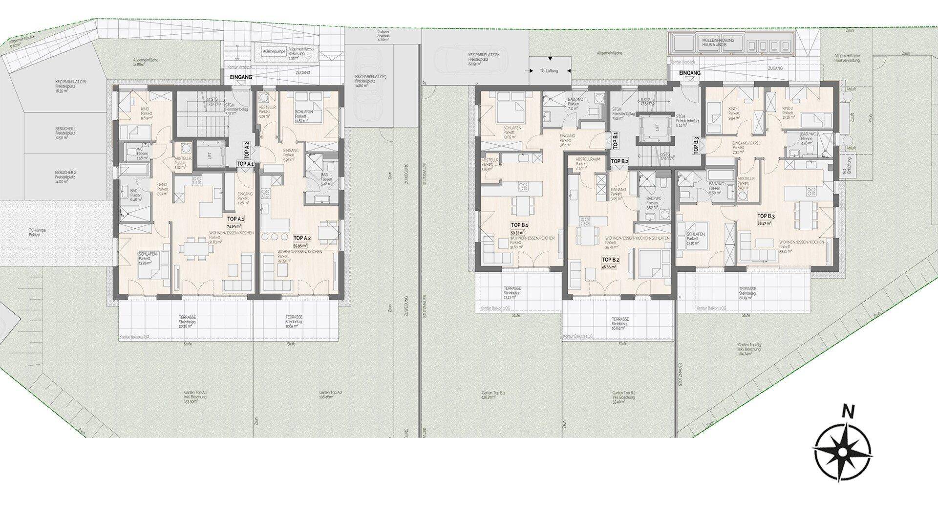 Detaillierter Grundriss des Erdgeschosses mit offener Raumaufteilung, Terrassen und Gartenbereichen.