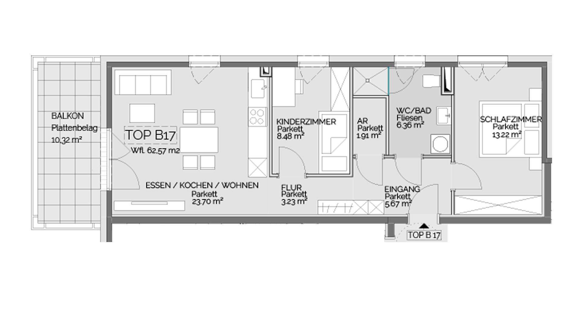 Grundriss einer Wohnung mit offenem Wohnbereich, zwei Schlafzimmern und einem Balkon.