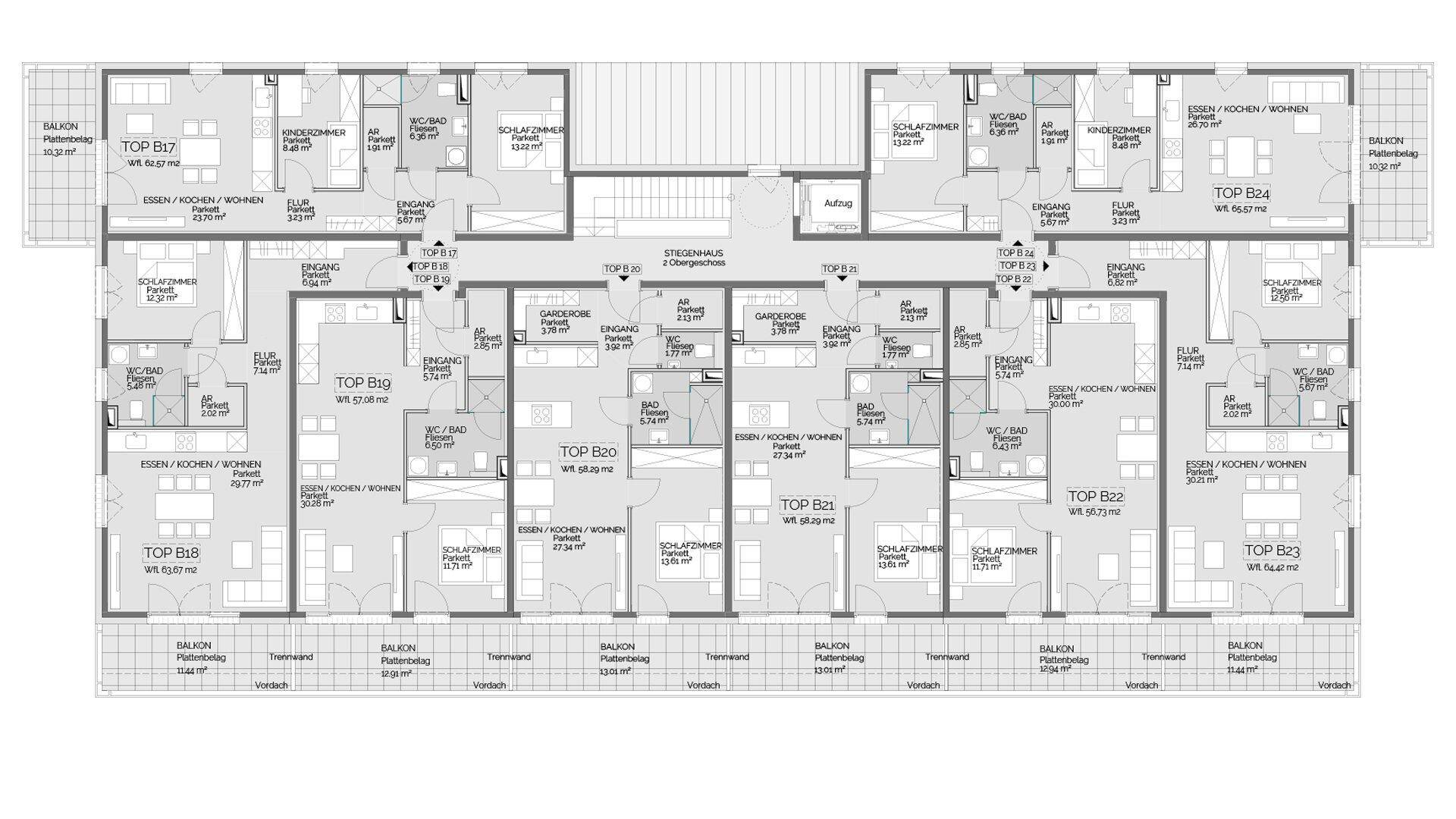Grundriss eines Stockwerks mit mehreren Wohneinheiten, jeweils mit Balkon und verschiedenen Raumaufteilungen.