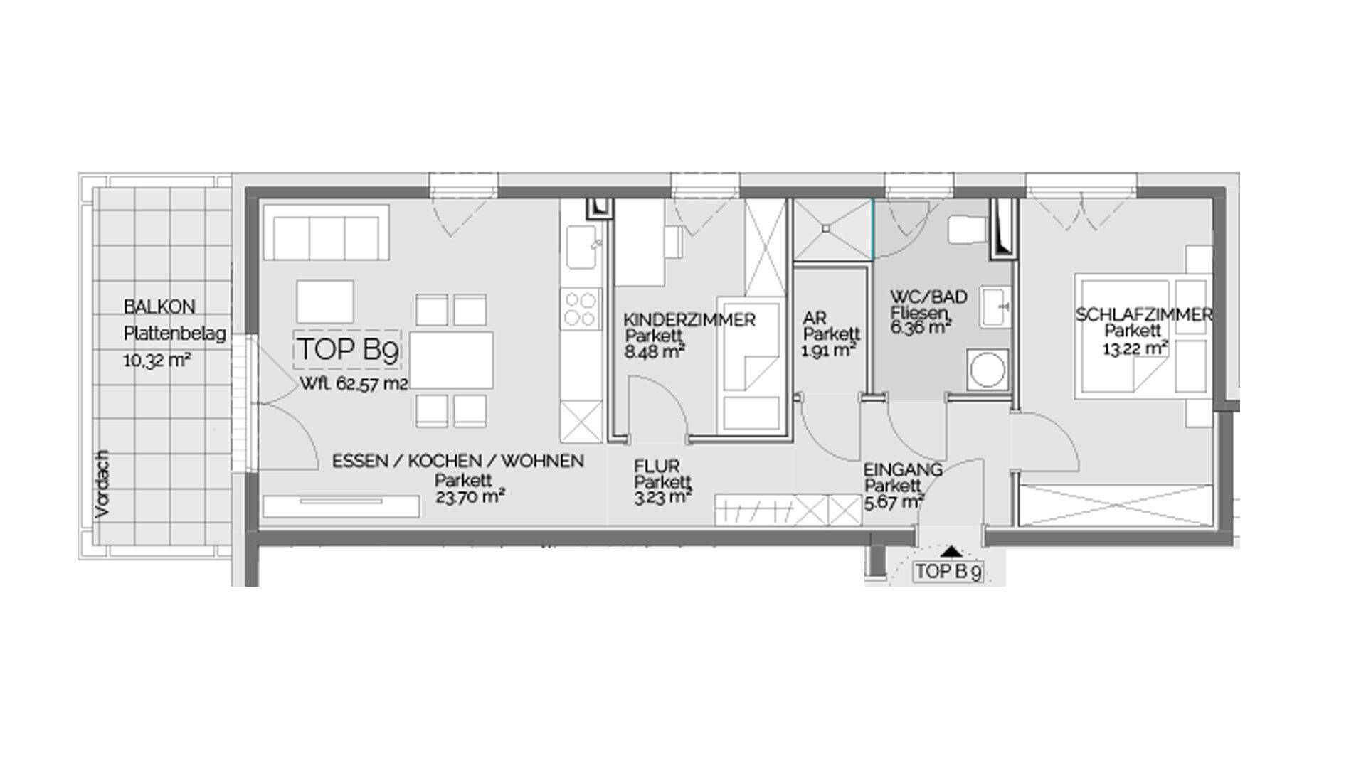 Grundriss einer Wohnung mit Balkon, offenem Wohnbereich, Schlafzimmer und Kinderzimmer.
