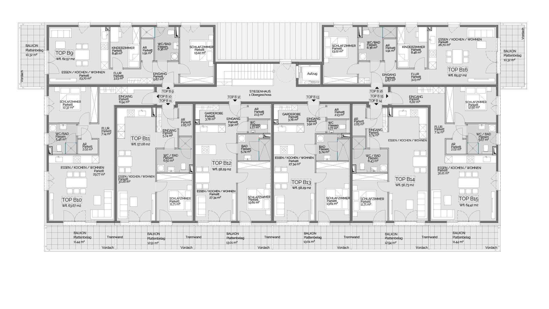 Grundriss eines Stockwerks mit mehreren Wohnungen, Balkonen und zentralem Treppenhaus.