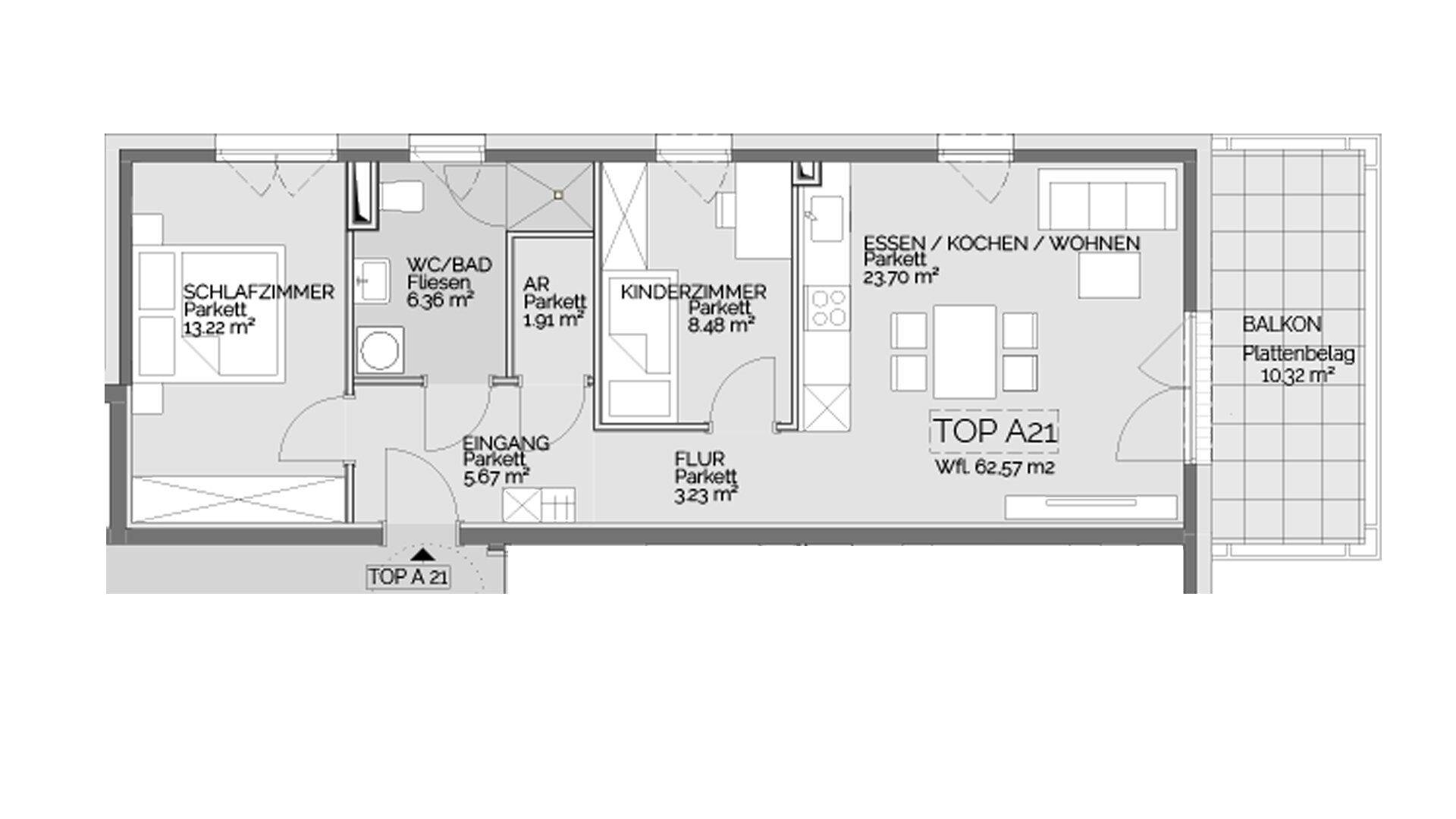 Grundriss der Wohnung TOP A21 mit offenem Wohnbereich, Schlafzimmer, Kinderzimmer und Balkon.
