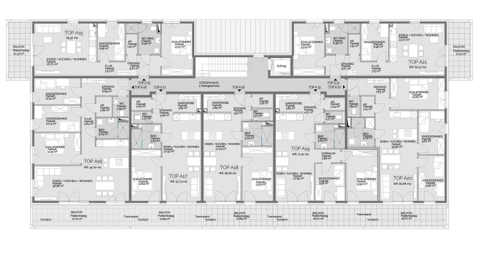 Detaillierter Grundriss einer Etage mit mehreren Wohneinheiten und Balkonen.