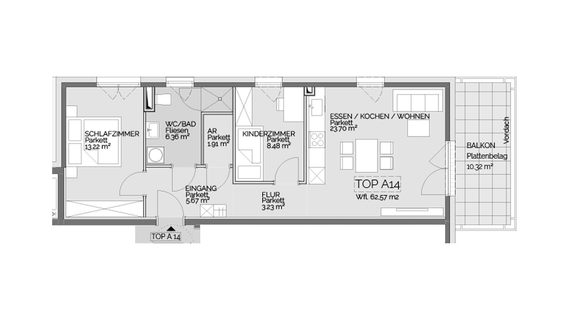 Grundriss der Wohnung TOP A14 mit offenem Wohnbereich, zwei Schlafzimmern und Balkon.
