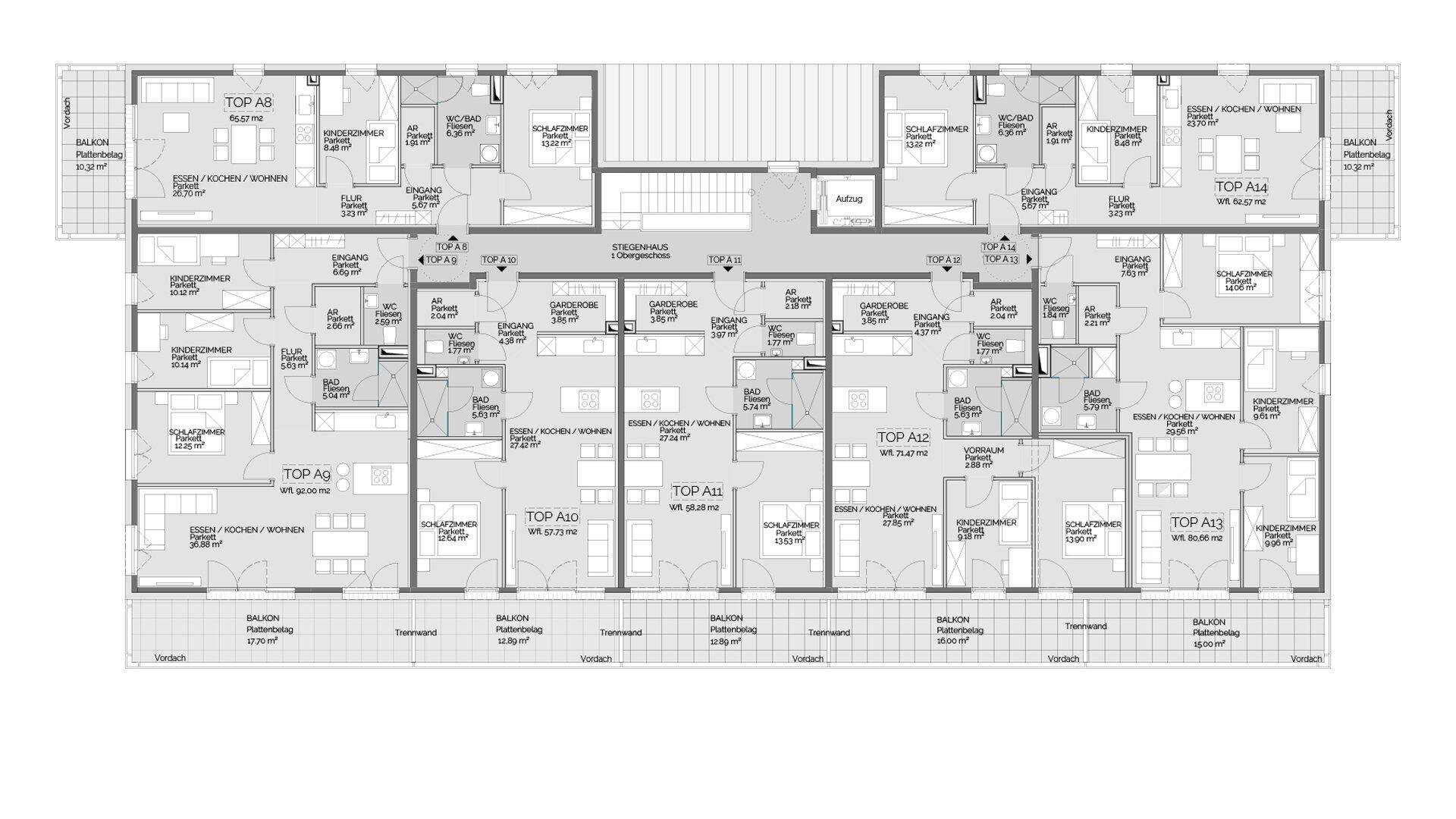 Übersichtsplan einer Etage mit mehreren Wohneinheiten, Balkonen und zentralem Treppenhaus.