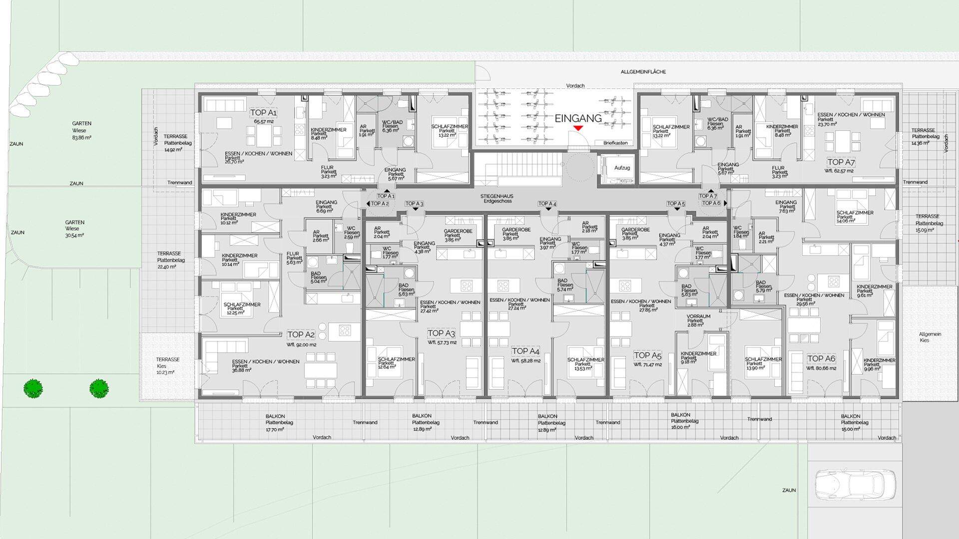 Gesamtgrundriss des Erdgeschosses mit mehreren Wohneinheiten, Balkonen, Terrassen und Gärten.