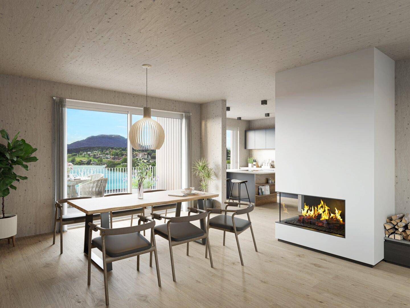 Heller offener Wohn- und Essbereich mit modernem Kamin, Holzboden und Seeblick durch große Fenster.