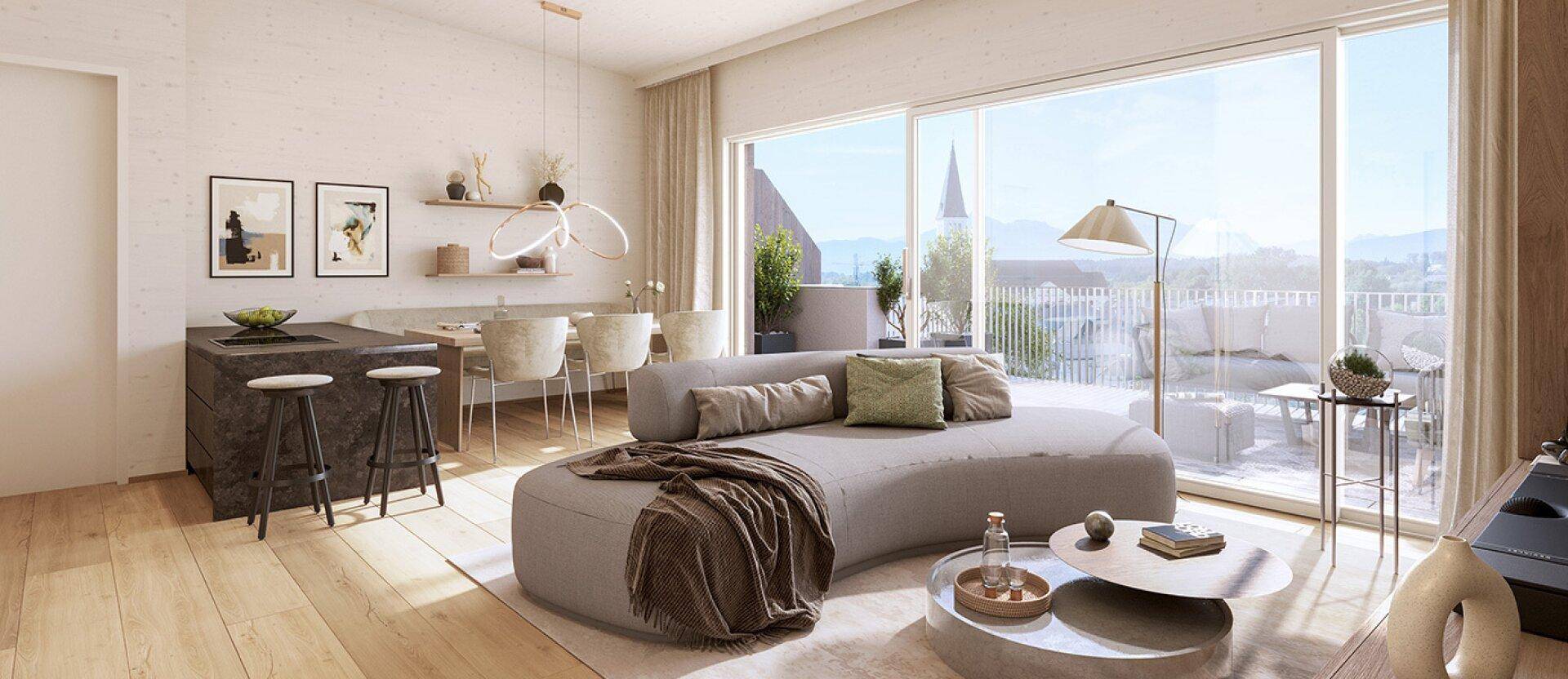 Heller, offener Wohn- und Essbereich mit großen Fensterfronten, Holzboden und Zugang zum Balkon.
