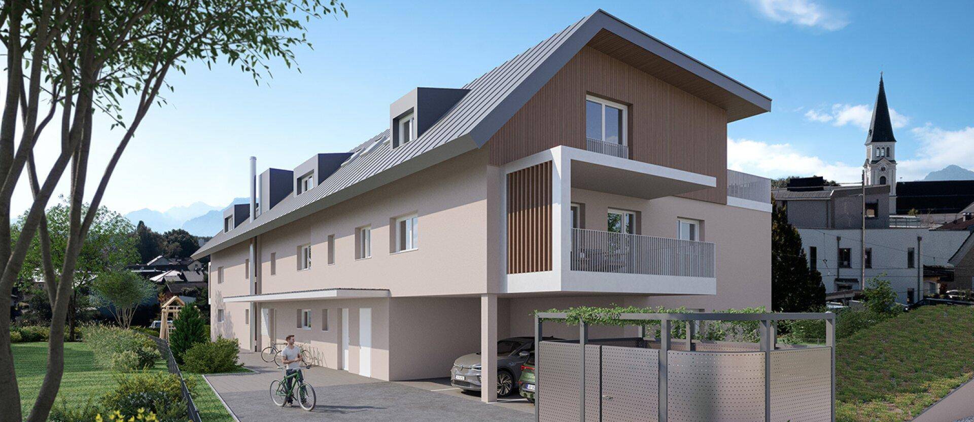 Ansicht eines modernen Wohngebäudes mit Carport und Satteldach in städtischer Umgebung.