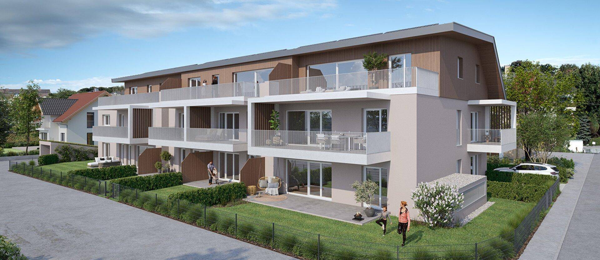Moderne Architektur eines Mehrfamilienhauses mit großzügigen Balkonen und begrünten Außenbereichen.