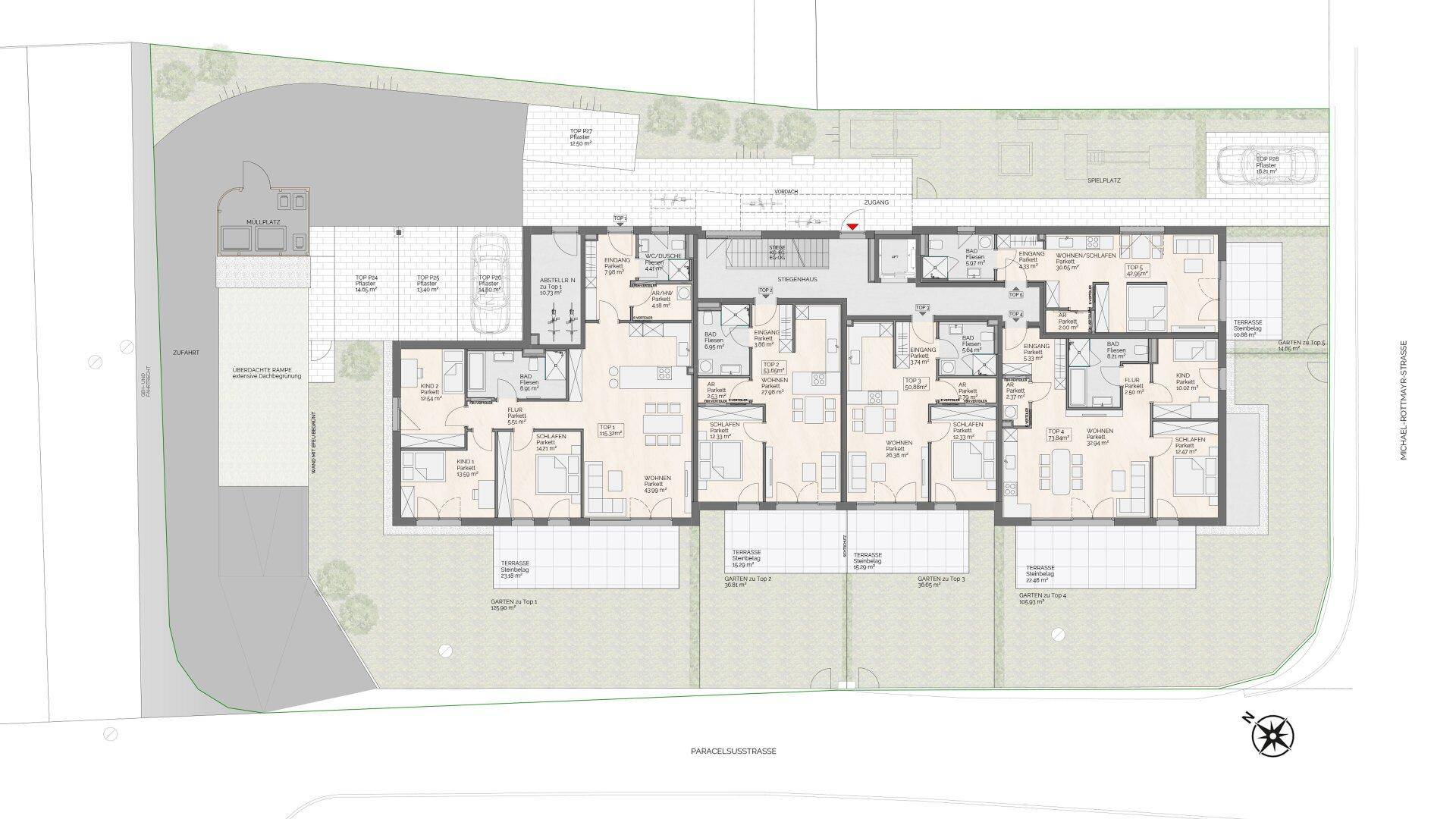 Grundriss des Erdgeschosses mit mehreren Wohneinheiten, Terrassen und privaten Gärten.