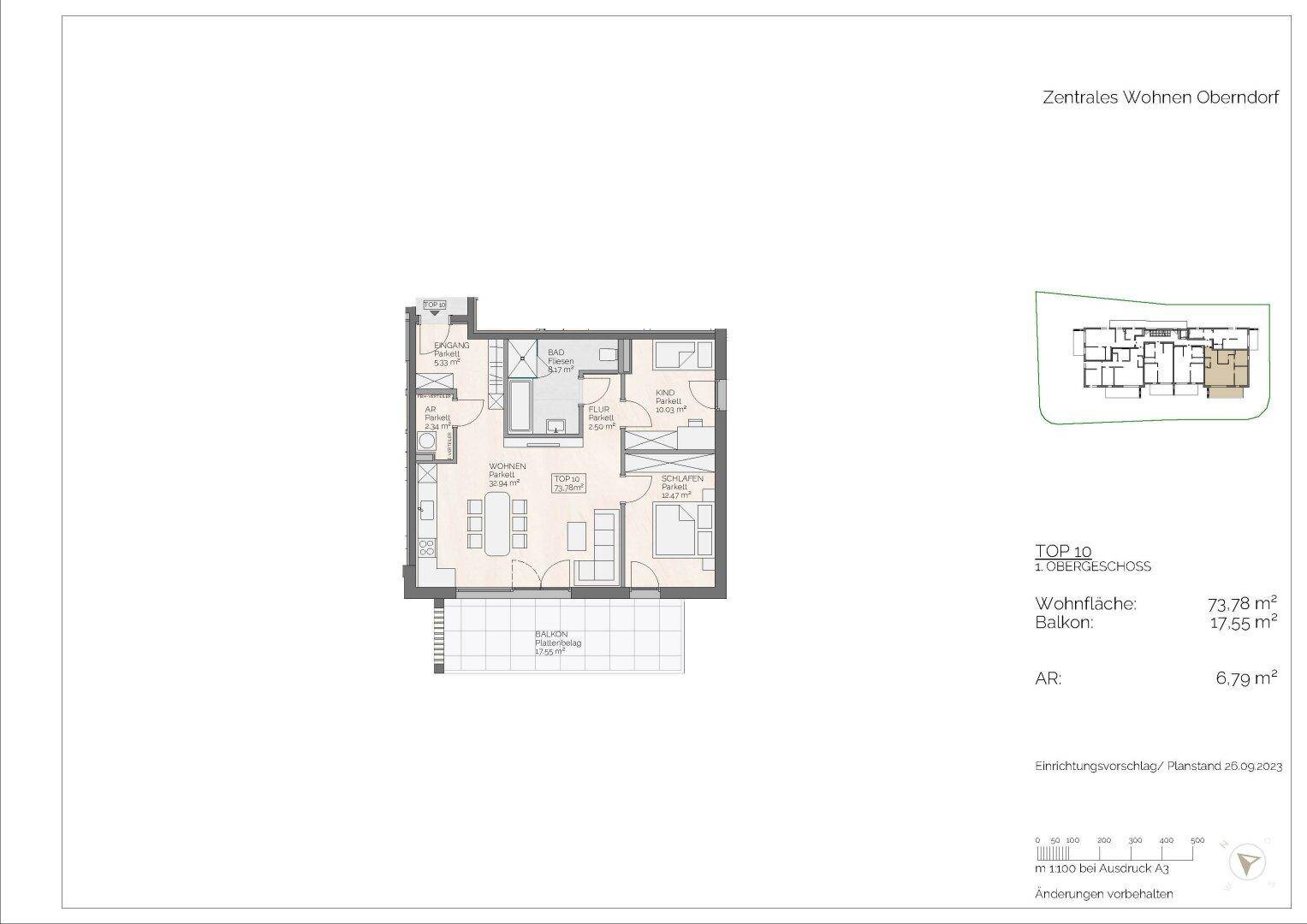 Grundriss einer Wohnung im Obergeschoss mit Balkon und effizienter Raumaufteilung.
