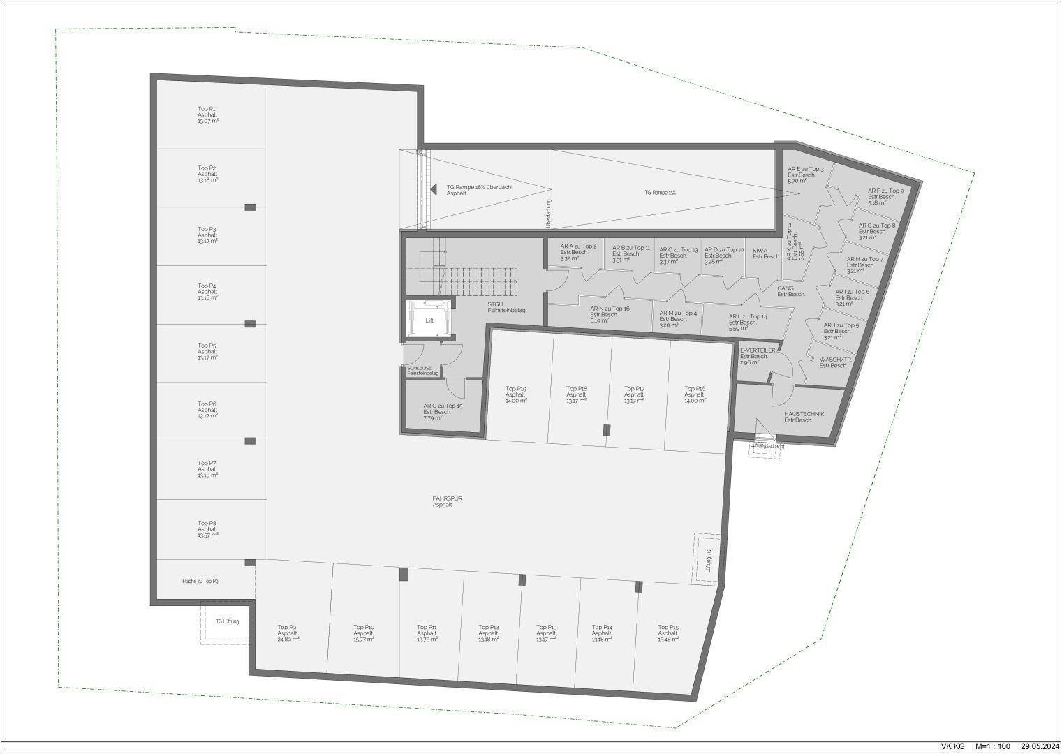 Grundriss des Kellergeschosses mit Abstellräumen, Tiefgarage und Aufzug.