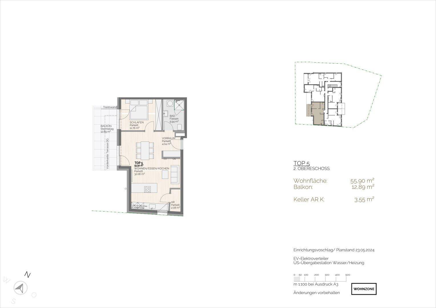 Grundriss der Wohnung TOP 5 im 2. Obergeschoss mit offenem Wohnbereich und Balkon.