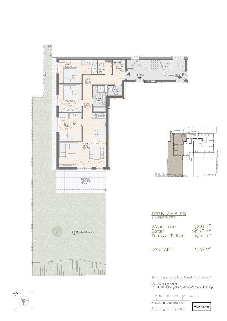 Detaillierter Grundriss für eine Wohnung in Haus B mit drei Schlafzimmern, Terrasse und Garten.