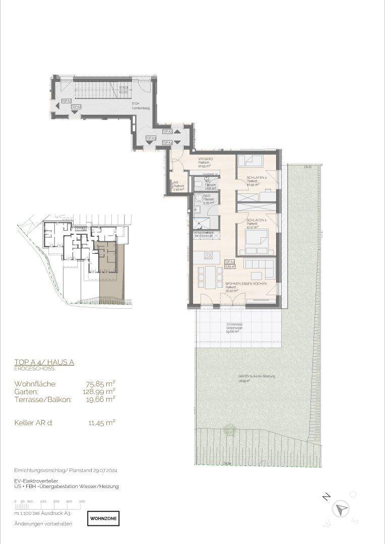 Detaillierter Grundriss einer Wohneinheit mit drei Schlafzimmern, Terrasse und privatem Gartenbereich.