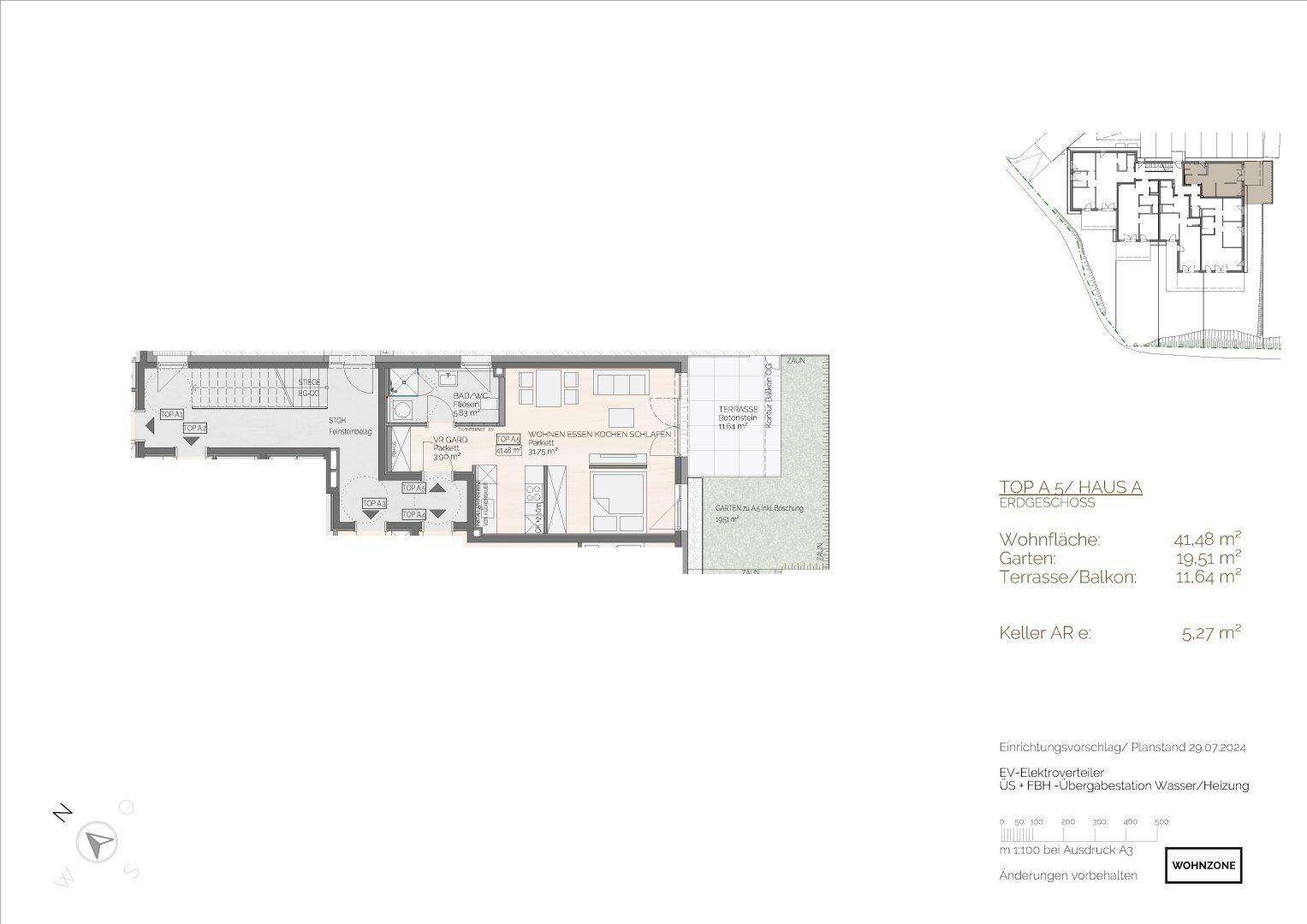 Grundriss einer Erdgeschosswohnung mit offenem Wohnbereich, Schlafzimmer und Zugang zu Garten und Terrasse.