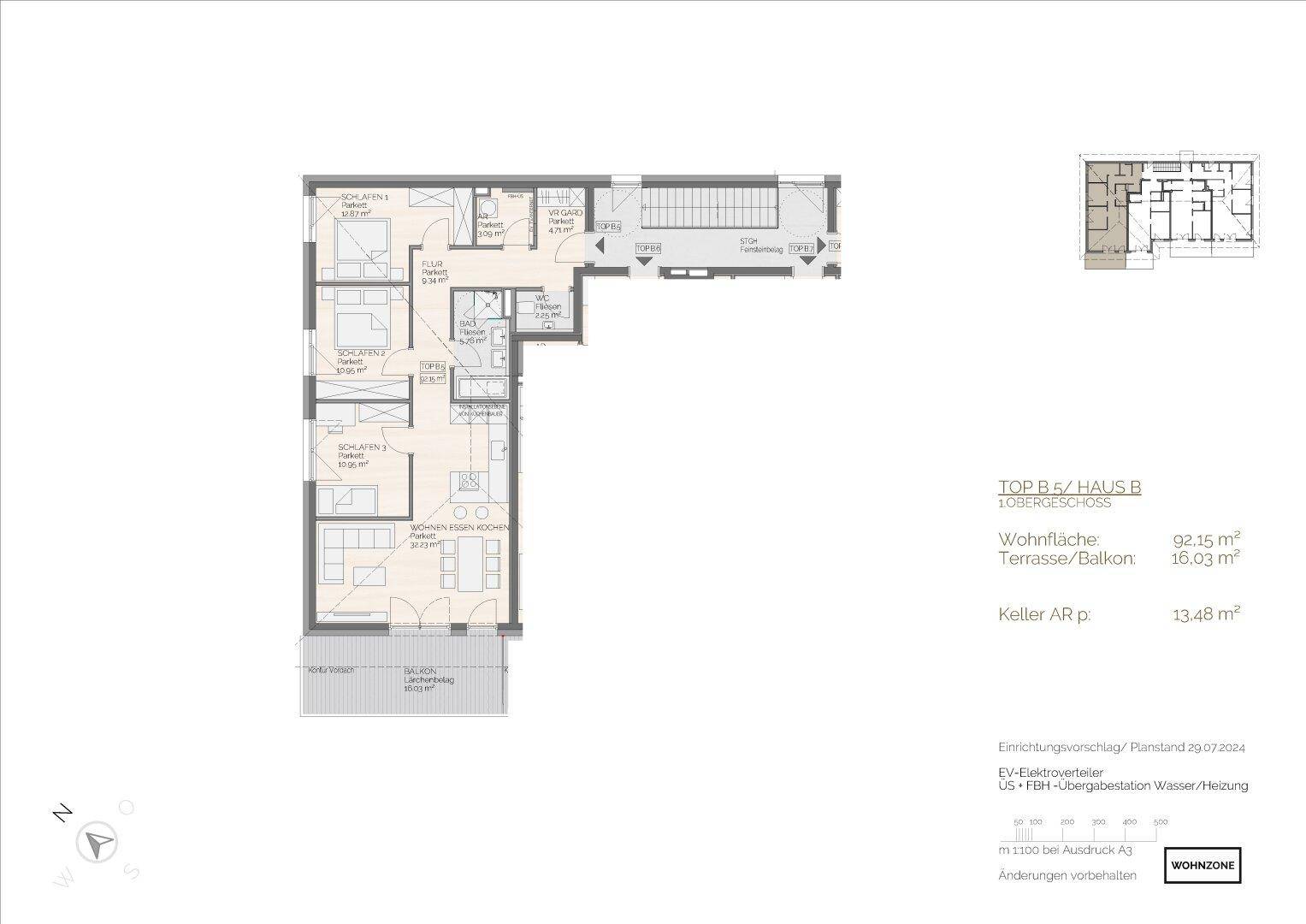 Detaillierter Grundriss einer Wohnung mit Wohn-Essbereich, Schlafzimmern und Zugang zu Terrasse oder Balkon.
