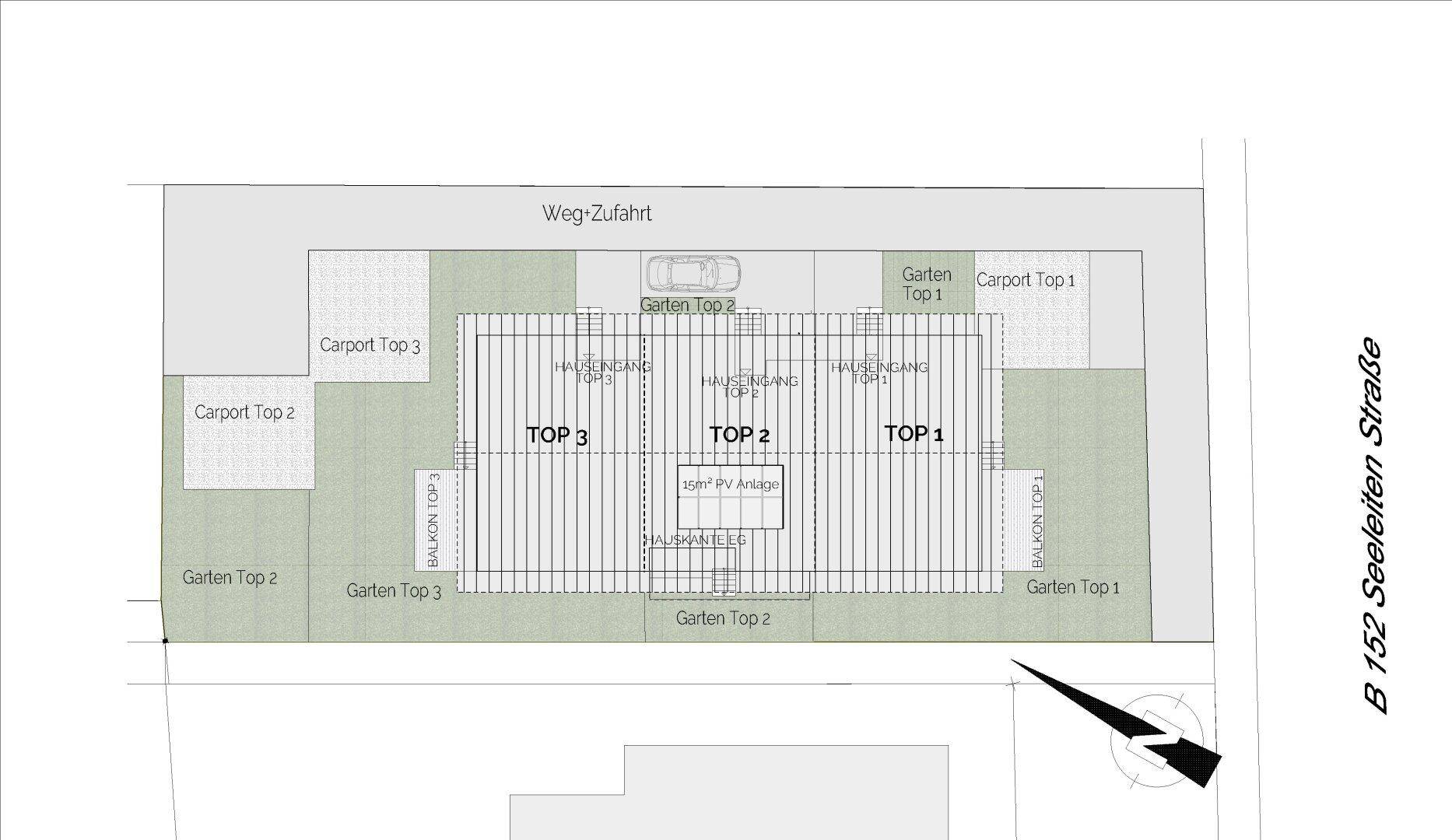 Lageplan des Grundstücks mit drei Wohneinheiten, Carports und privaten Gartenbereichen.