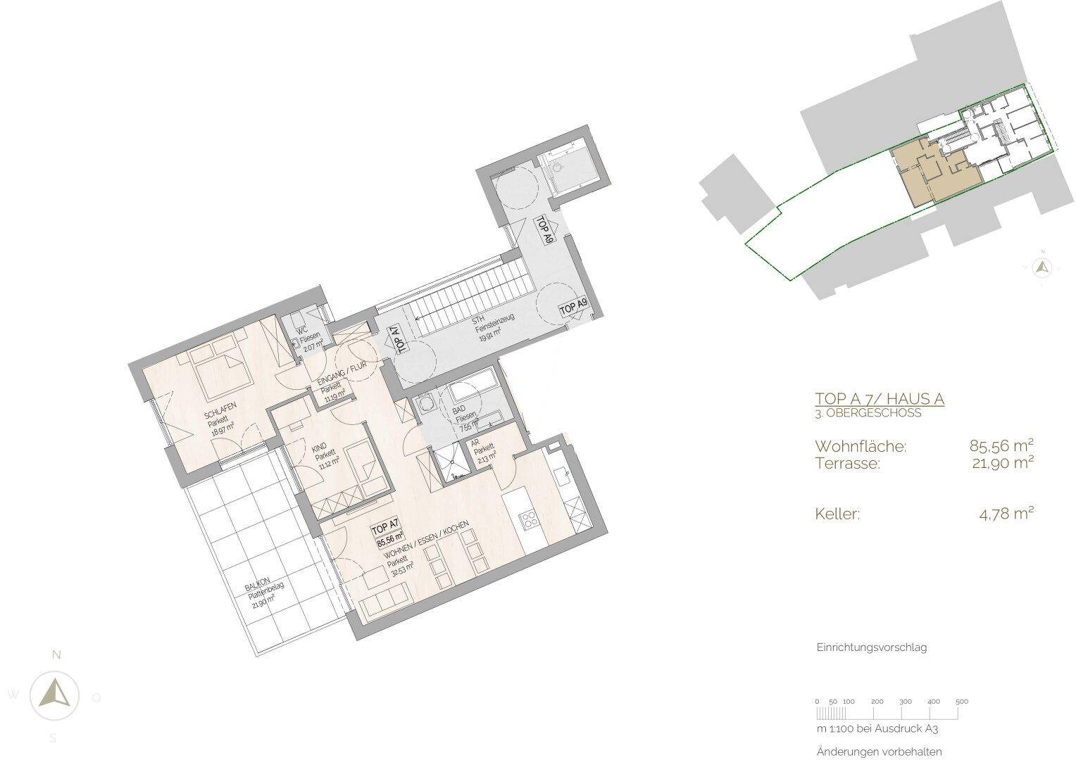 Grundriss des 3. Obergeschosses mit offenem Wohnbereich, zwei Schlafzimmern und großer Terrasse.