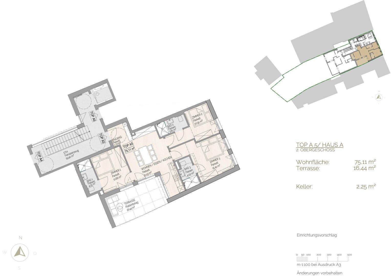 Grundriss der Wohnung TOP A5 im 2. Obergeschoss mit offener Wohnküche, drei Zimmern und Terrasse.