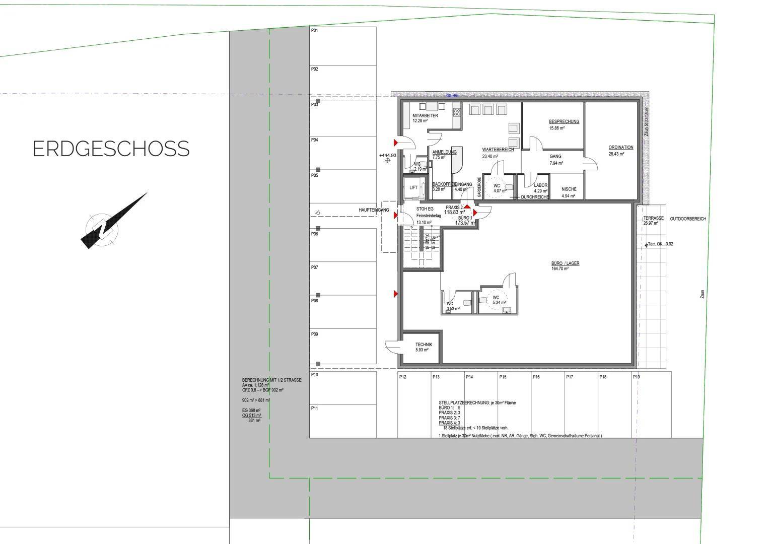 Grundriss des Erdgeschosses mit Büros, Lagerflächen, Besprechungsraum und einer Terrasse.