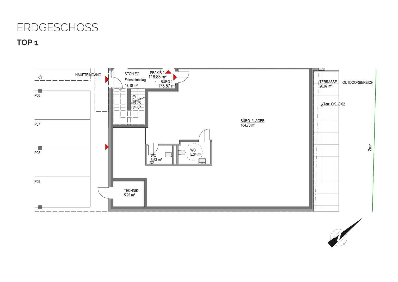 Grundriss des Erdgeschosses mit Praxisräumen, Büro/Lager und einer großzügigen Terrasse.