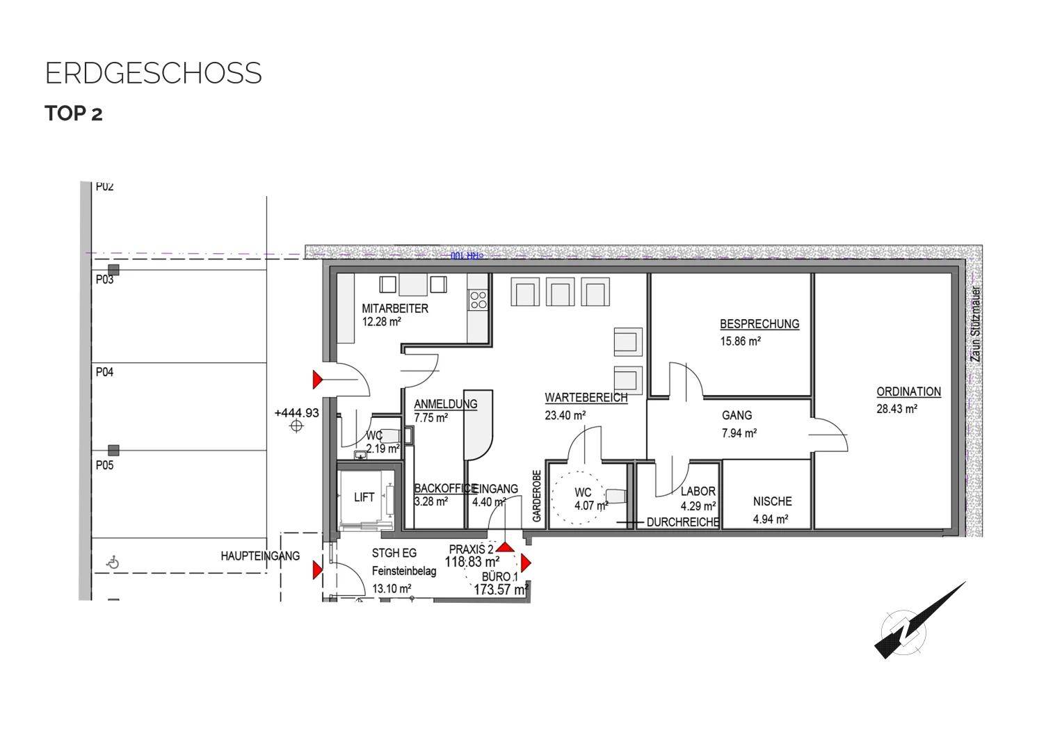Grundriss des Erdgeschosses Top 2 mit Empfang, Wartebereich, Büros und Behandlungsräumen.