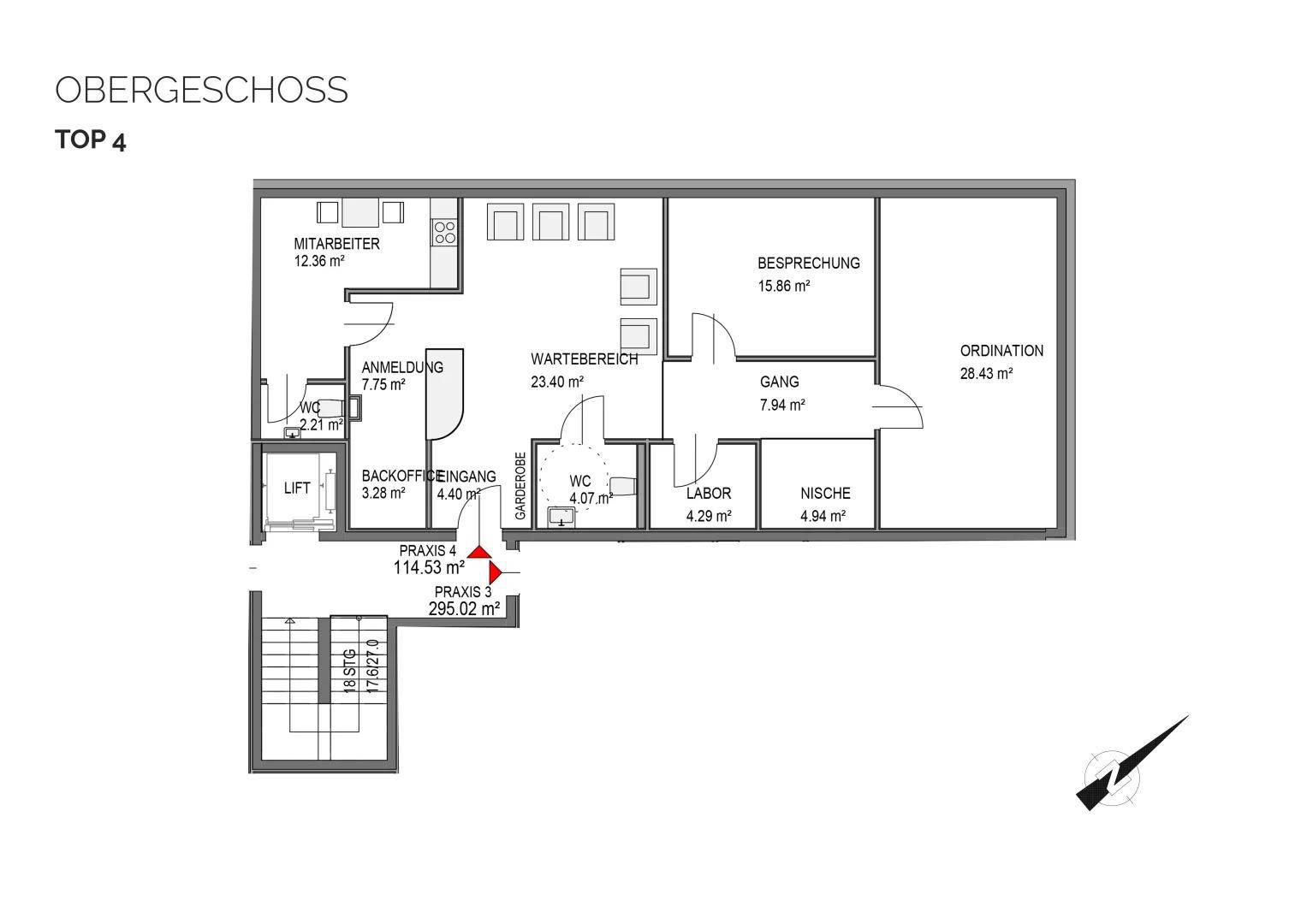 Grundriss des Obergeschosses für Praxis 4, zeigt Empfang, Wartebereich, Büros und Sanitäranlagen.
