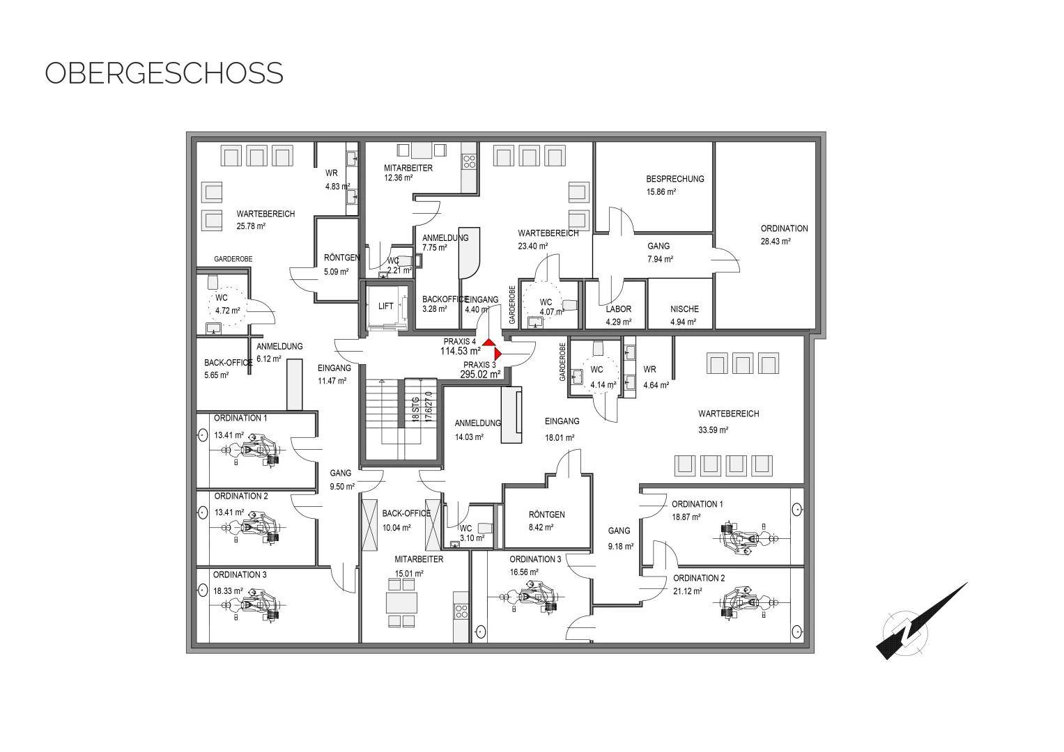 Umfassender Grundriss des Obergeschosses mit vielfältigen Praxisräumen, Besprechungszimmer, Labor und Empfangsbereich.