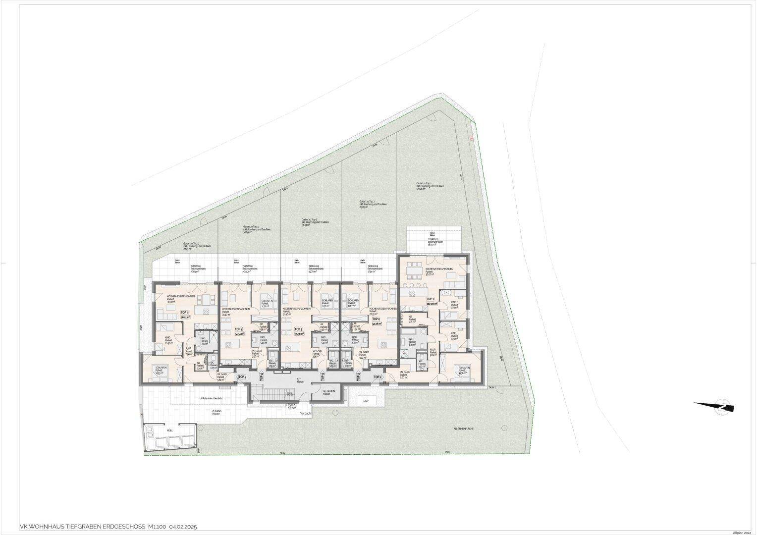 Gesamtgrundriss des Erdgeschosses mit mehreren Wohneinheiten, jeweils mit Terrasse und Gartenanteil.