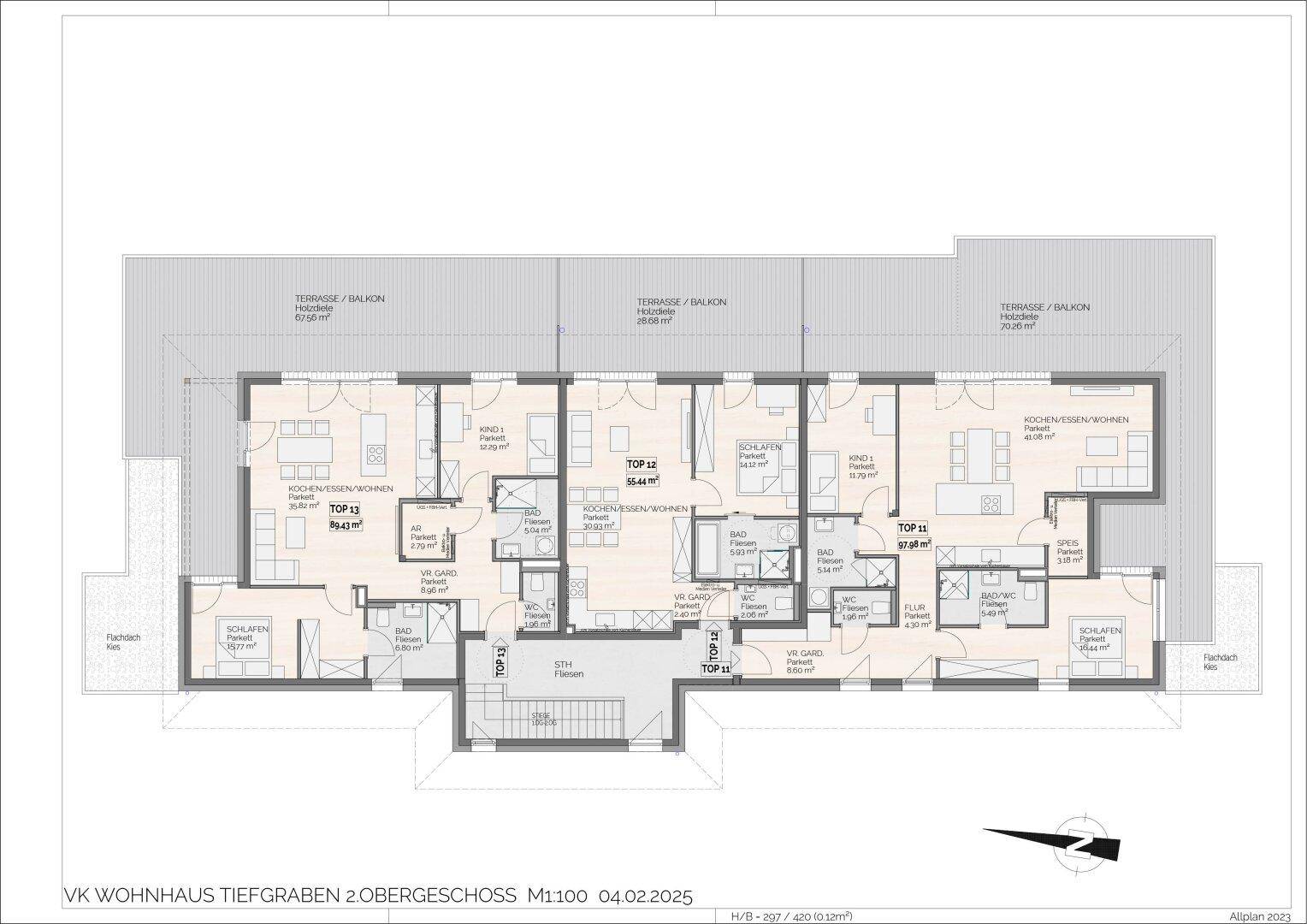 Übersichts-Grundriss des Obergeschosses mit mehreren Wohneinheiten, jeweils mit offenem Wohnbereich und Terrasse.