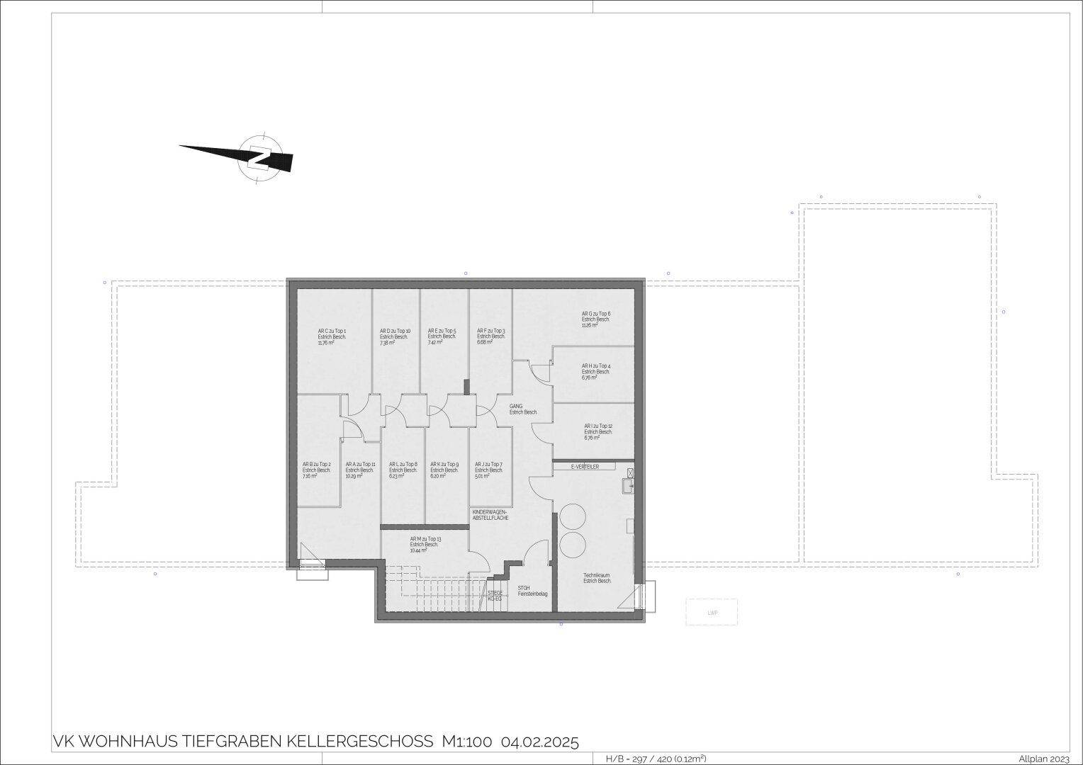 Grundriss des Kellergeschosses mit individuellen Kellerabteilen, Technikraum und Fahrradraum für die Bewohner.