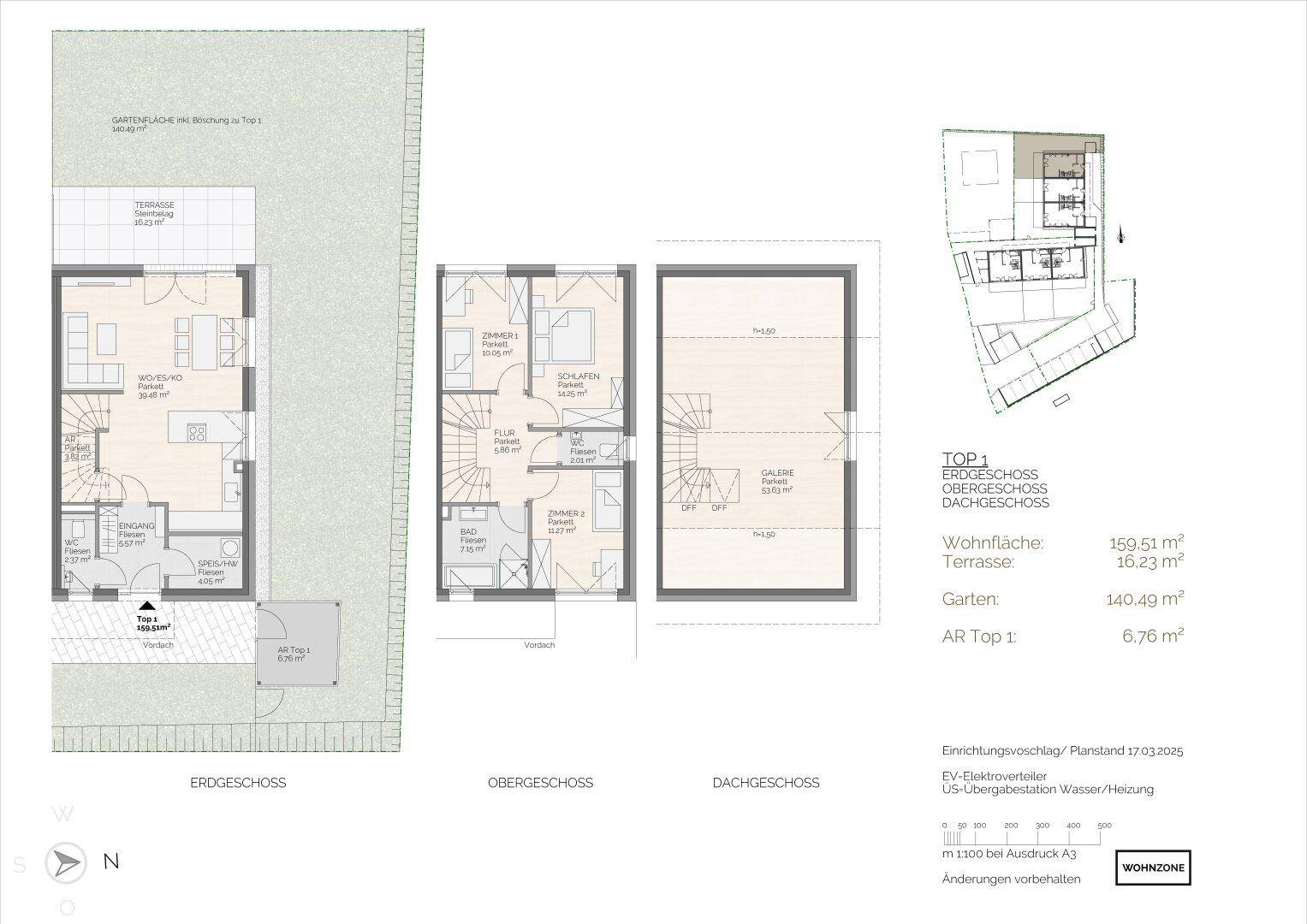 Detaillierter Grundriss von Erdgeschoss, Obergeschoss und Dachgeschoss mit offener Wohnküche und Terrasse.
