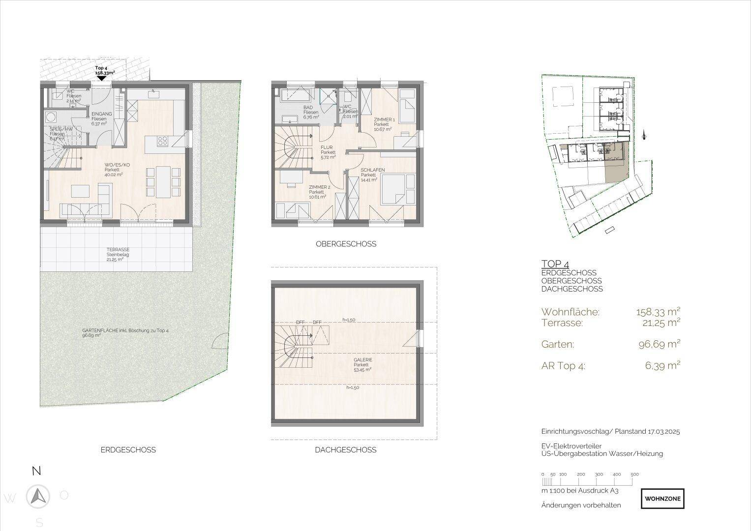 Detaillierte Grundrisse für Erd-, Ober- und Dachgeschoss mit Flächenangaben und Terrassenbereich.