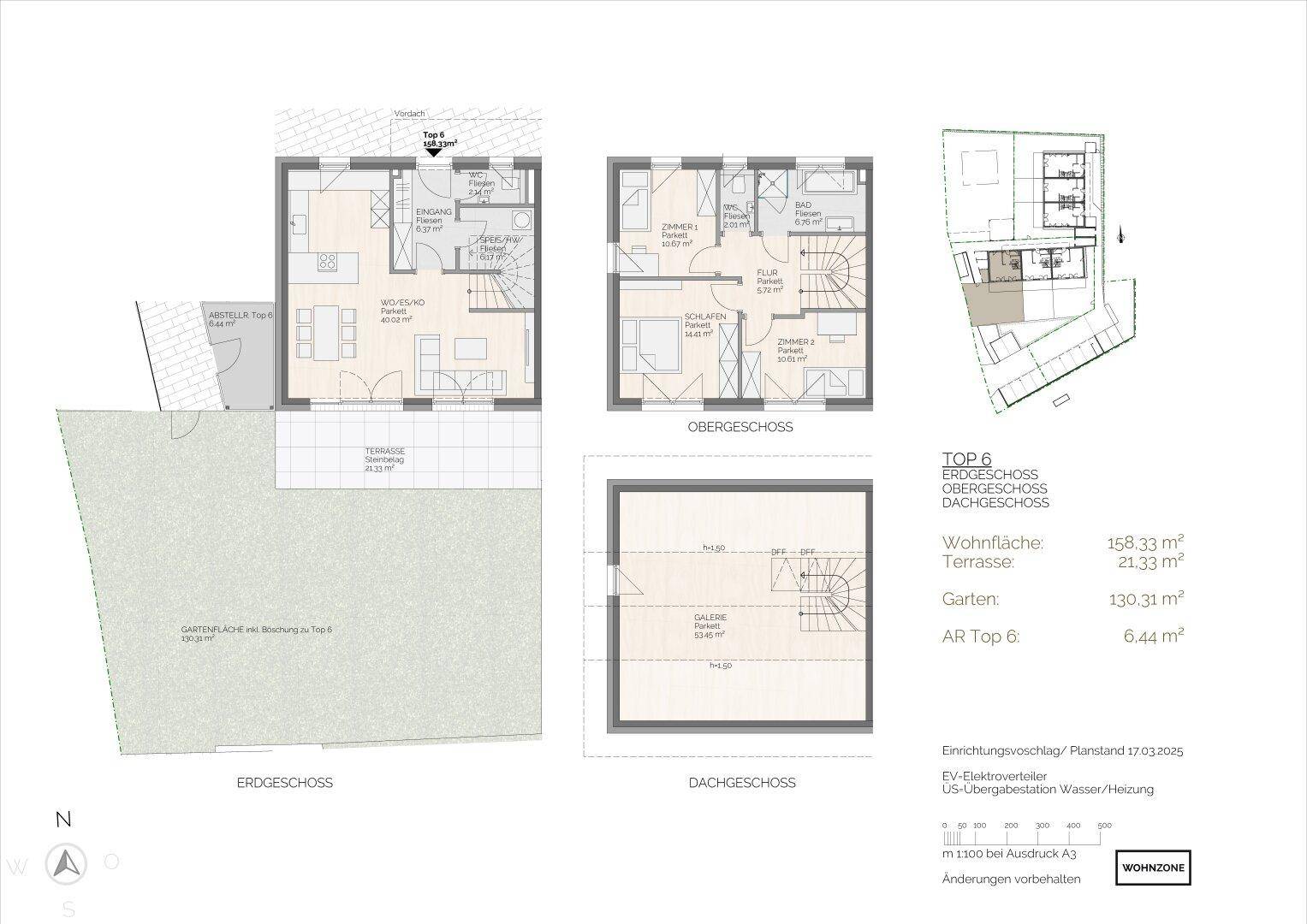 Detaillierter Grundriss über drei Ebenen mit offenem Wohnbereich, Terrasse und Garten.