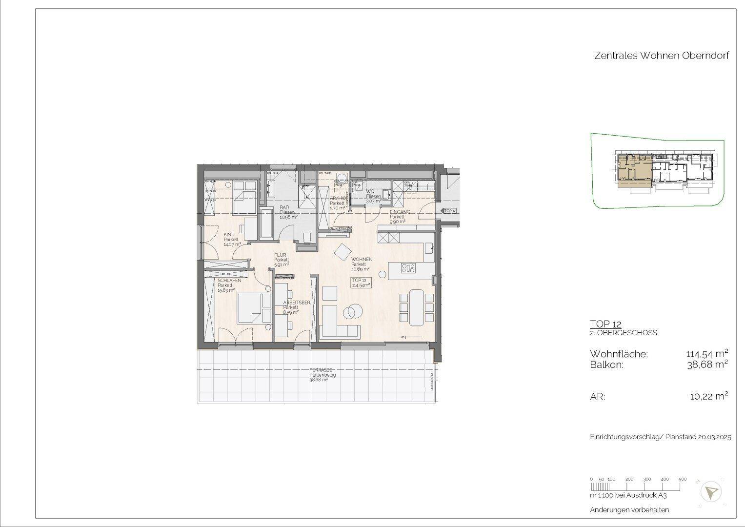 Grundriss von Top 12 im 2. Obergeschoss mit offenem Wohnbereich und großem Balkon.