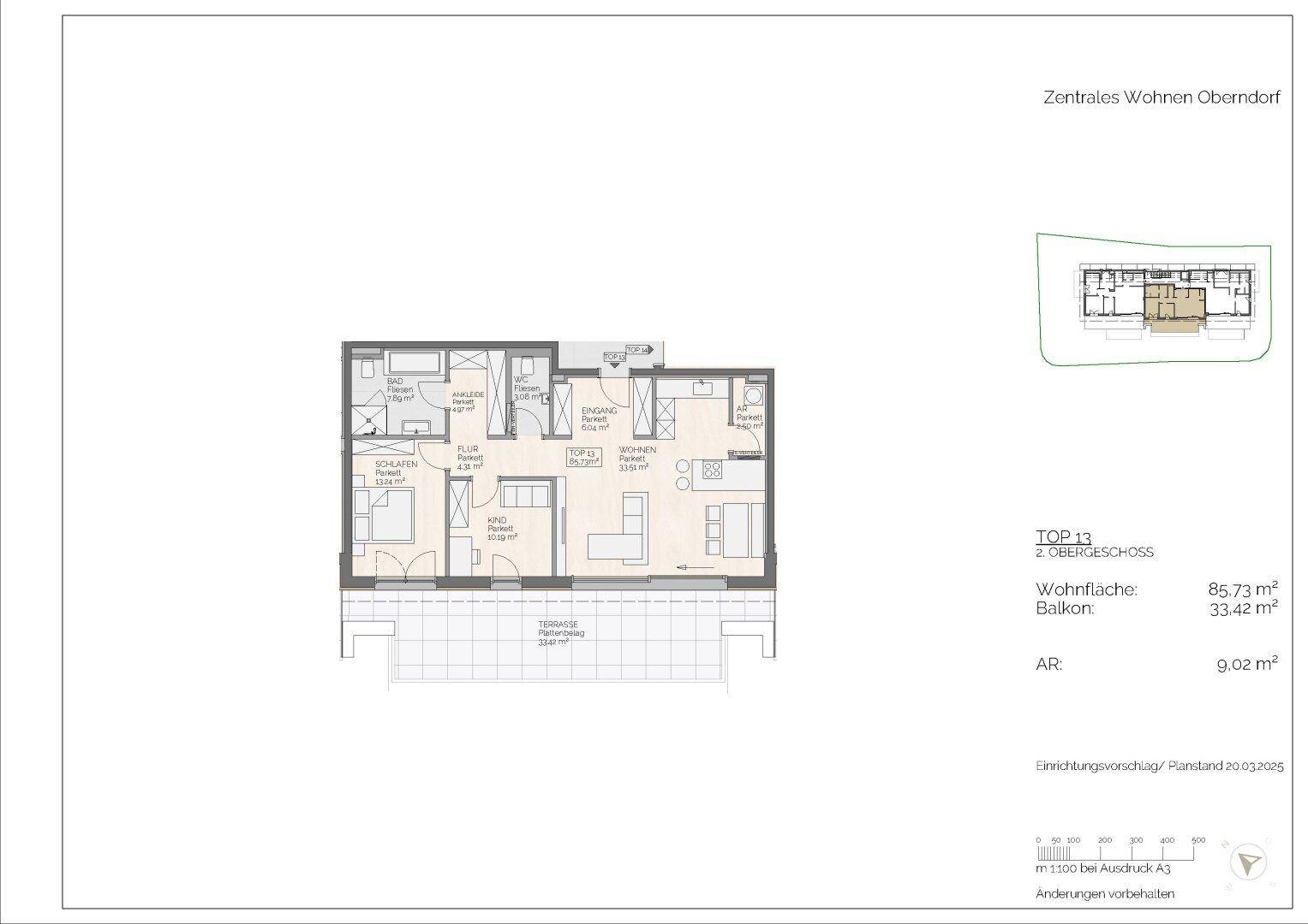 Grundriss einer Wohnung mit offenem Wohnbereich, zwei Bädern, Balkon und großer Terrasse.
