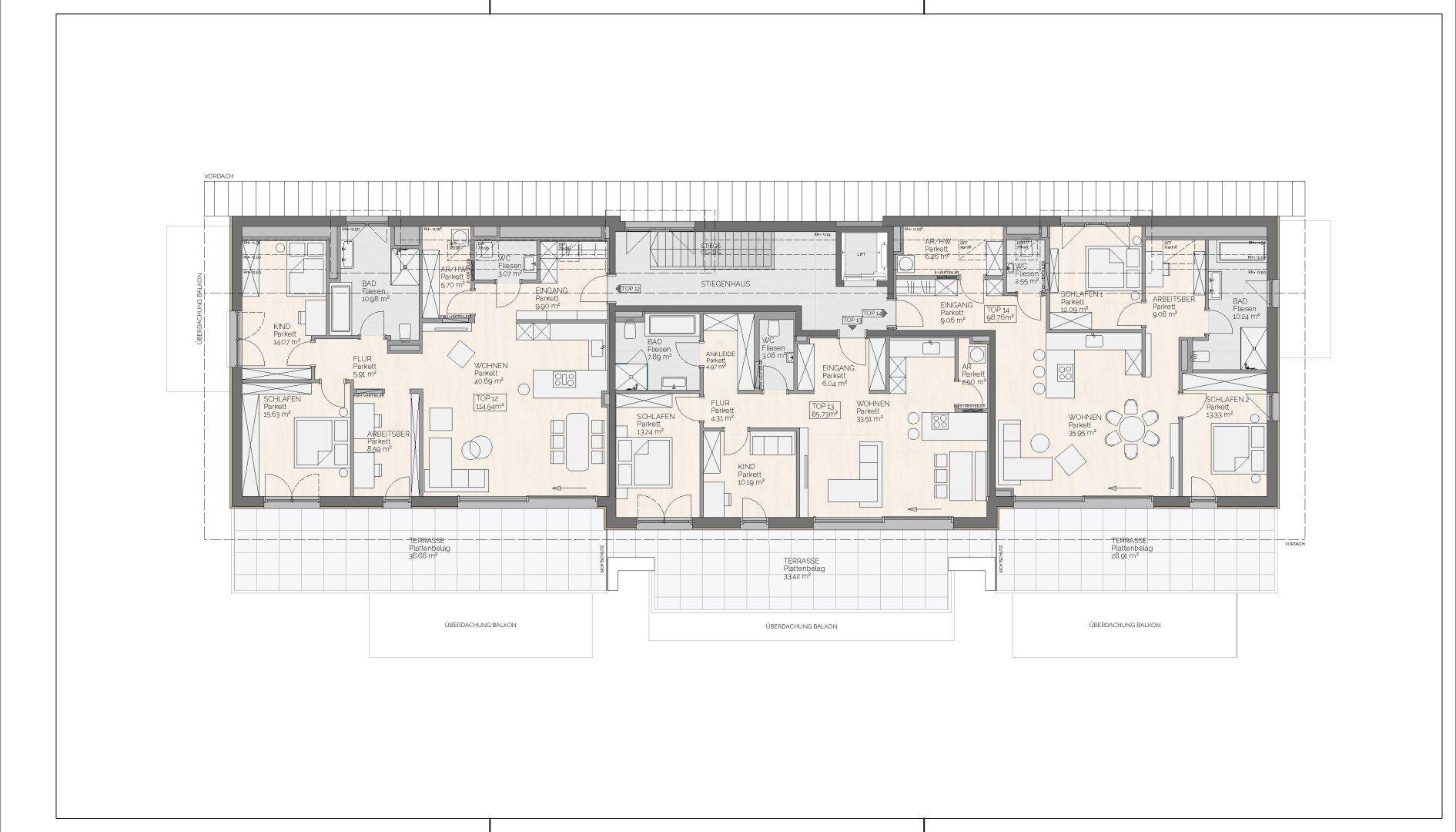 Detaillierter Grundriss einer Etage mit mehreren Wohneinheiten, offenem Wohnbereich und Balkonzugang.