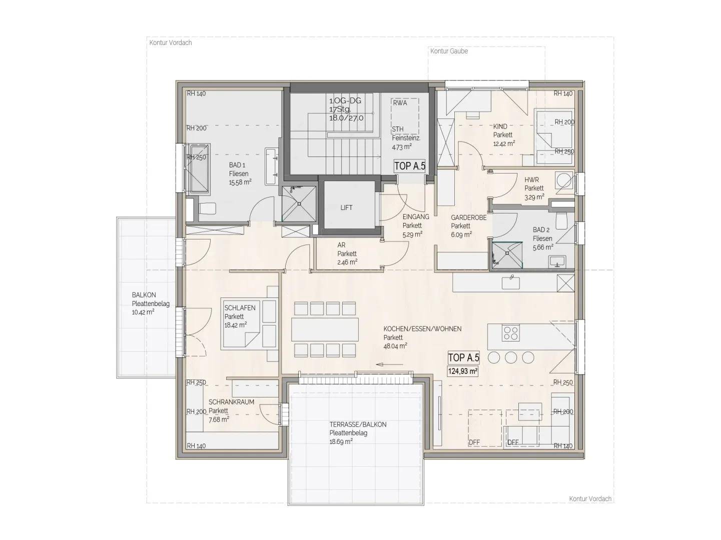 Detaillierter Grundriss einer Wohnung mit offenem Wohn-Essbereich, zwei Bädern, Balkon und großer Terrasse.