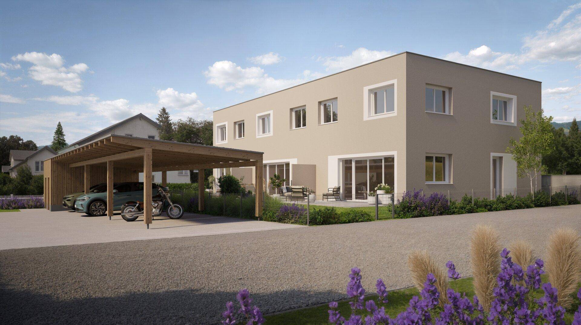 Visualisierung der modernen Reihenhausfassade mit Carport und Stellplätzen.