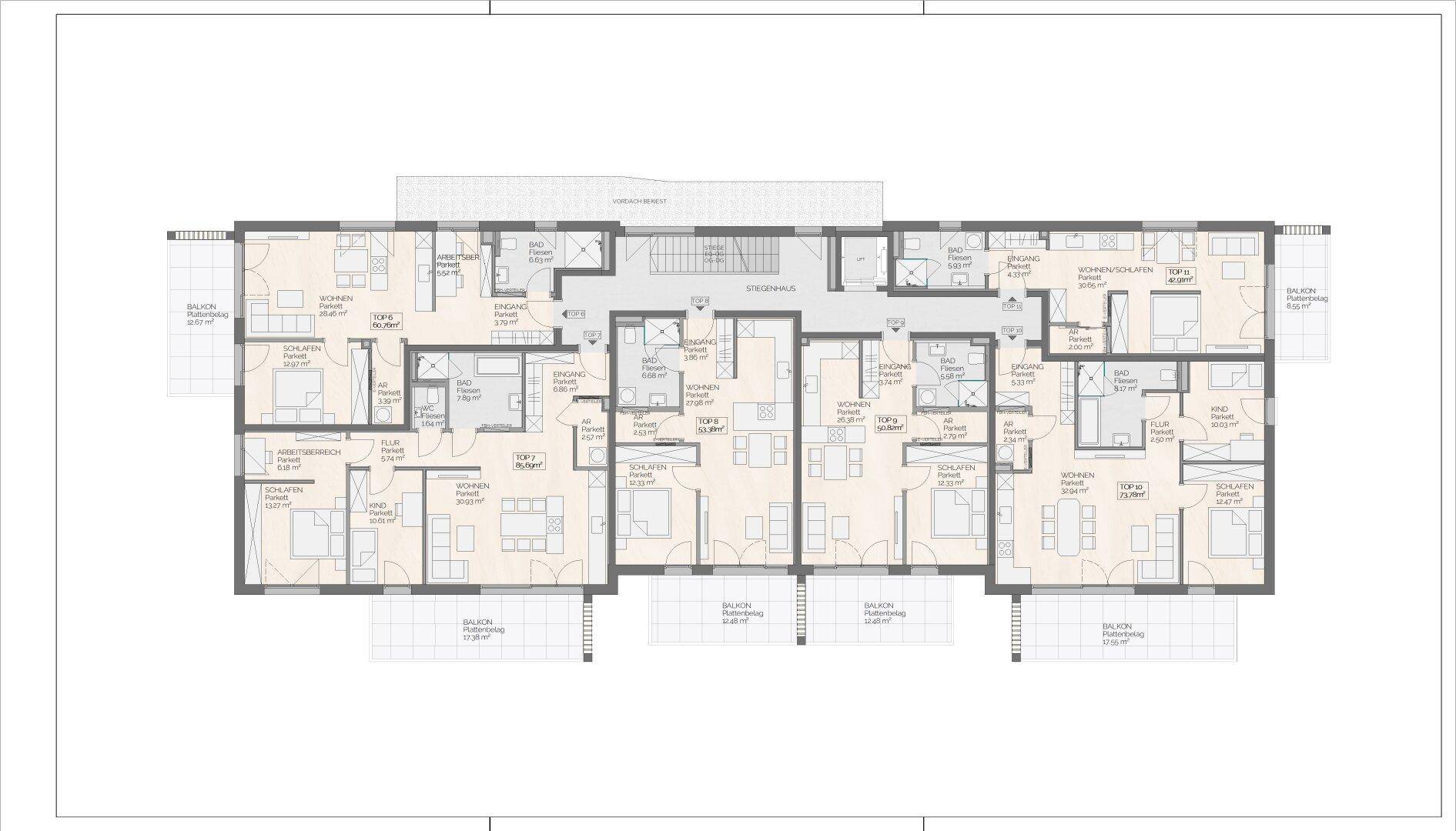 Grundriss eines Obergeschosses mit mehreren Wohnungen, jeweils mit offenem Wohnbereich und Balkon.