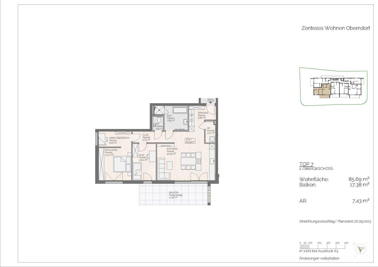 Grundriss einer modernen Wohnung im Obergeschoss mit offenem Wohnbereich, zwei Schlafzimmern und Balkon.