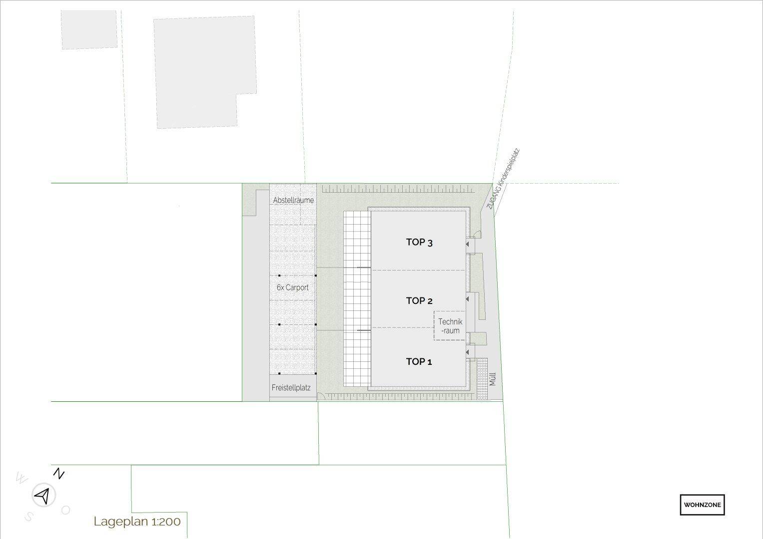 Lageplan der Wohnanlage mit Reihenhäusern, Carports und Freiflächen.