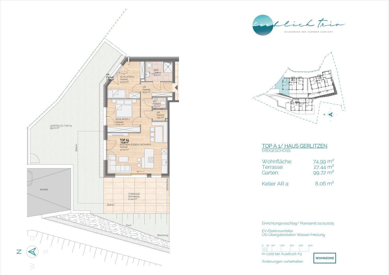 Grundriss einer Erdgeschosswohnung mit offenem Wohnbereich, Schlafzimmern, Terrasse und direktem Gartenzugang.