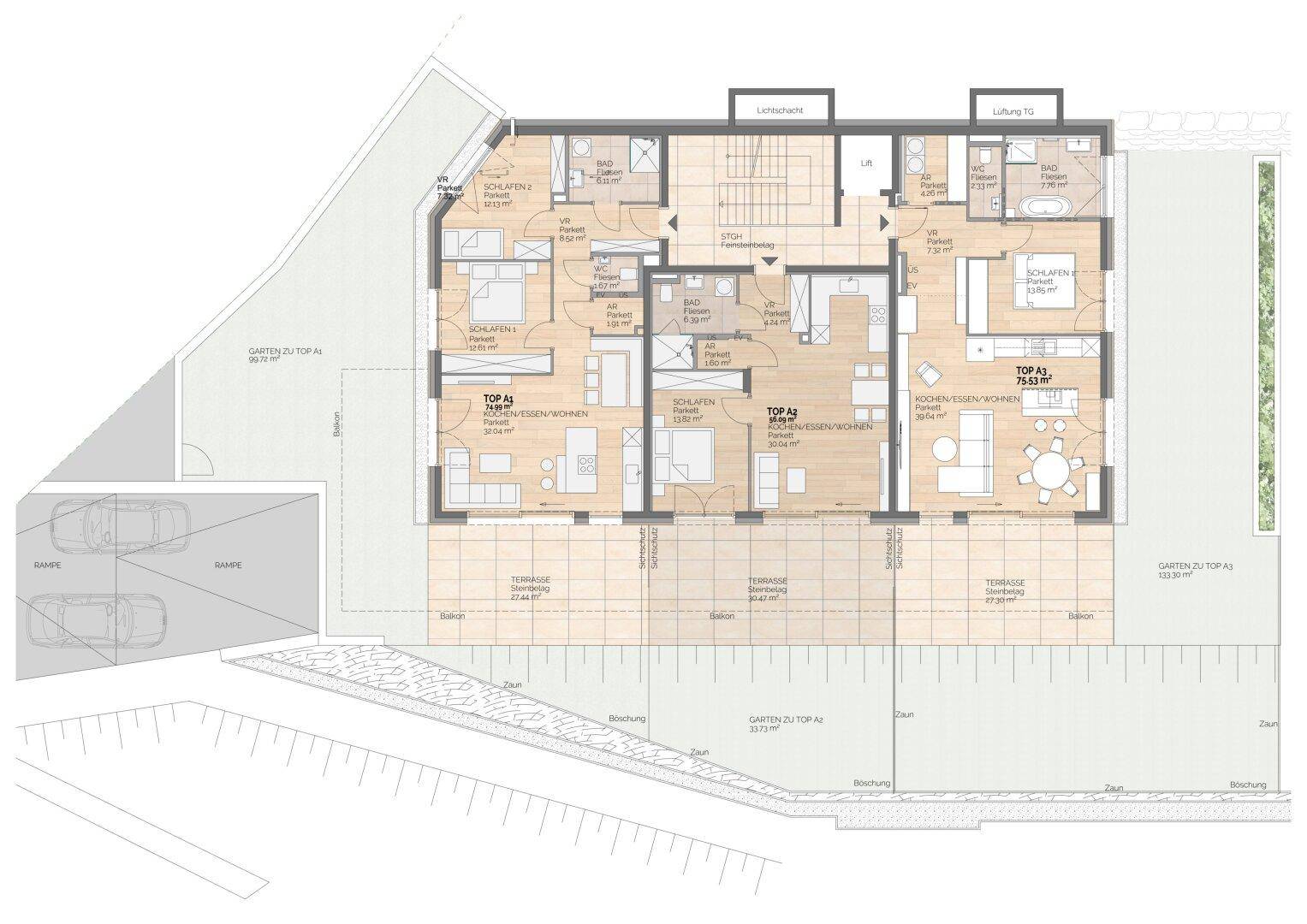 Grundriss des Erdgeschosses mit mehreren Wohneinheiten, jeweils mit Terrasse, Garten und Parkplätzen.