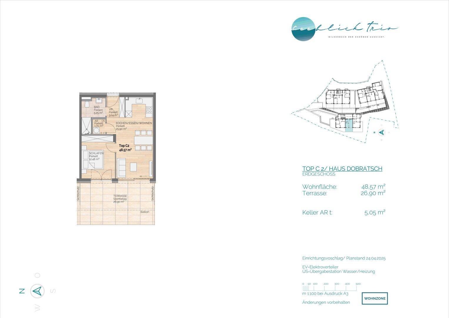 Grundriss der Erdgeschosswohnung Top C2 mit offener Wohnküche, Schlafzimmer und großer Terrasse.